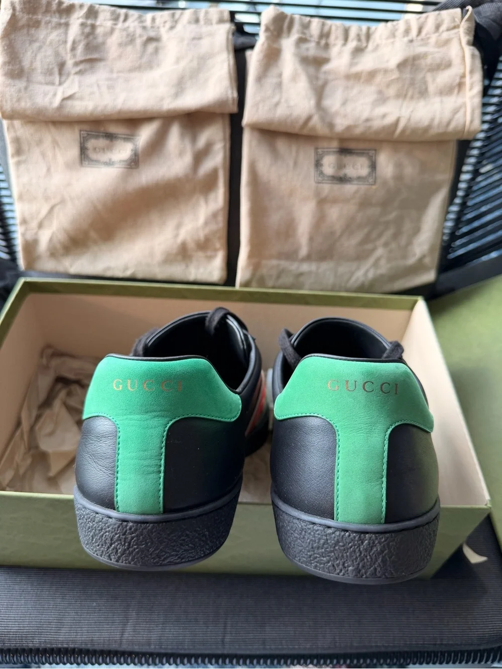 Gucci Kids Black Leather Sneakers with Red & Green Stripe
